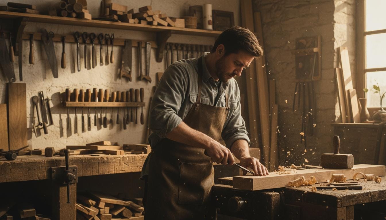 Atelier de menuiserie en plein travail, copeaux de bois et lumière naturelle